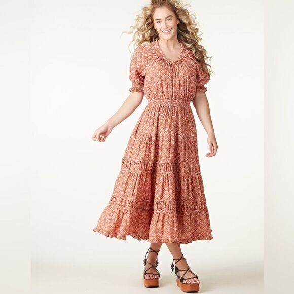 THE ODELLS Margherita Midi Dress - BRICK MULTI NWOT - Picture 1 of 6